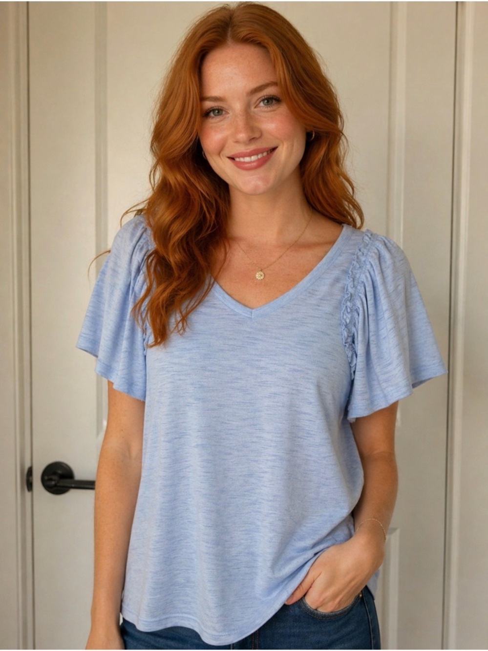 LC Lauren Conrad Pale Blue V-Neck Ruffle Sleeve Tee